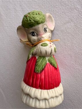 Vintage Hand-Painted Red Green Mouse Figurine Holiday Christmas Bell JASCO NWT